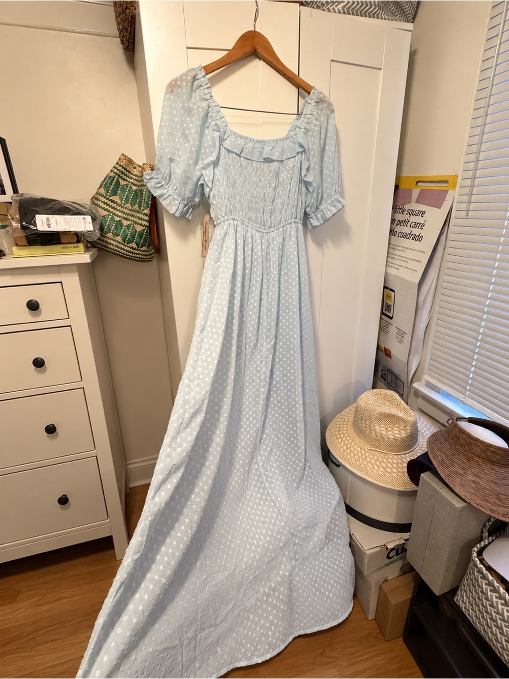 Light Blue Swiss Dot Maxi Dress with Smocked Bodice